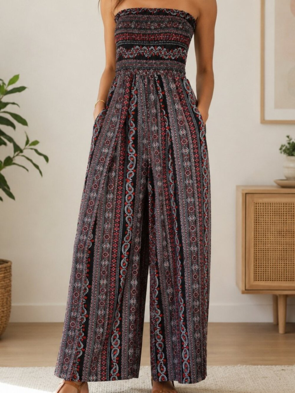 Loness Boho Paisley Smocked Strapless Jumpsuit Festival Wide Leg Romper S